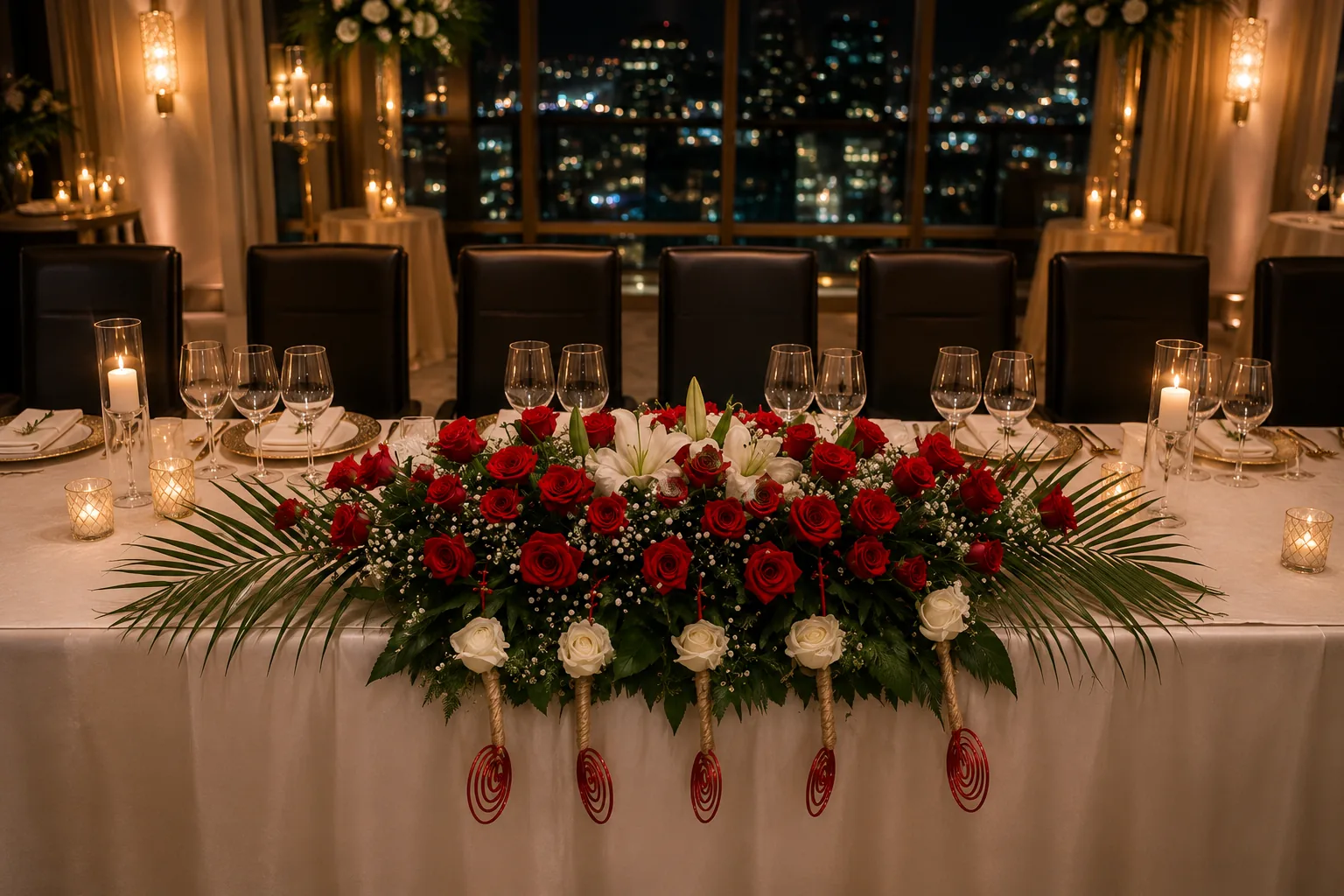Mladenački sto Red roses line - dekoracija venčanja Beograd - aranžman od ruža, cvećara Beograd i dostava cveća Beograd Mladenački sto Red roses line - dekoracija venčanja Beograd - aranžman od ruža, cvećara Beograd i dostava cveća Beograd